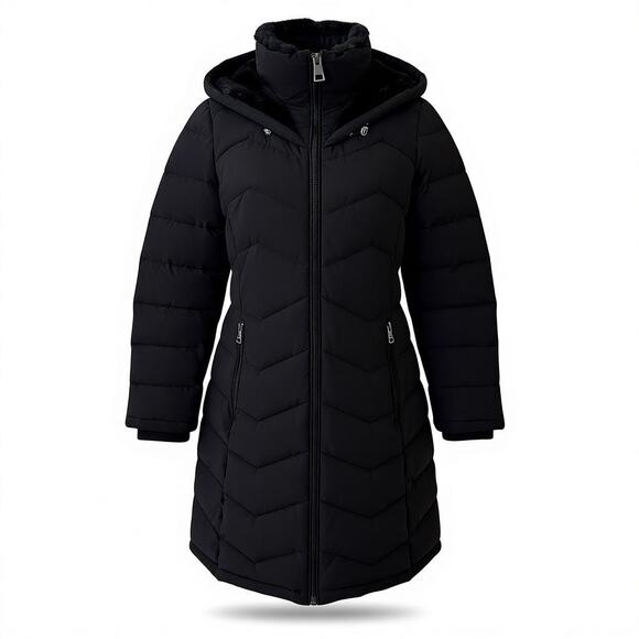 Andrew Marc Women Black Zipper Front Faux Fur Hoodie Puffer Coat Size M - NWT - Picture 2 of 10